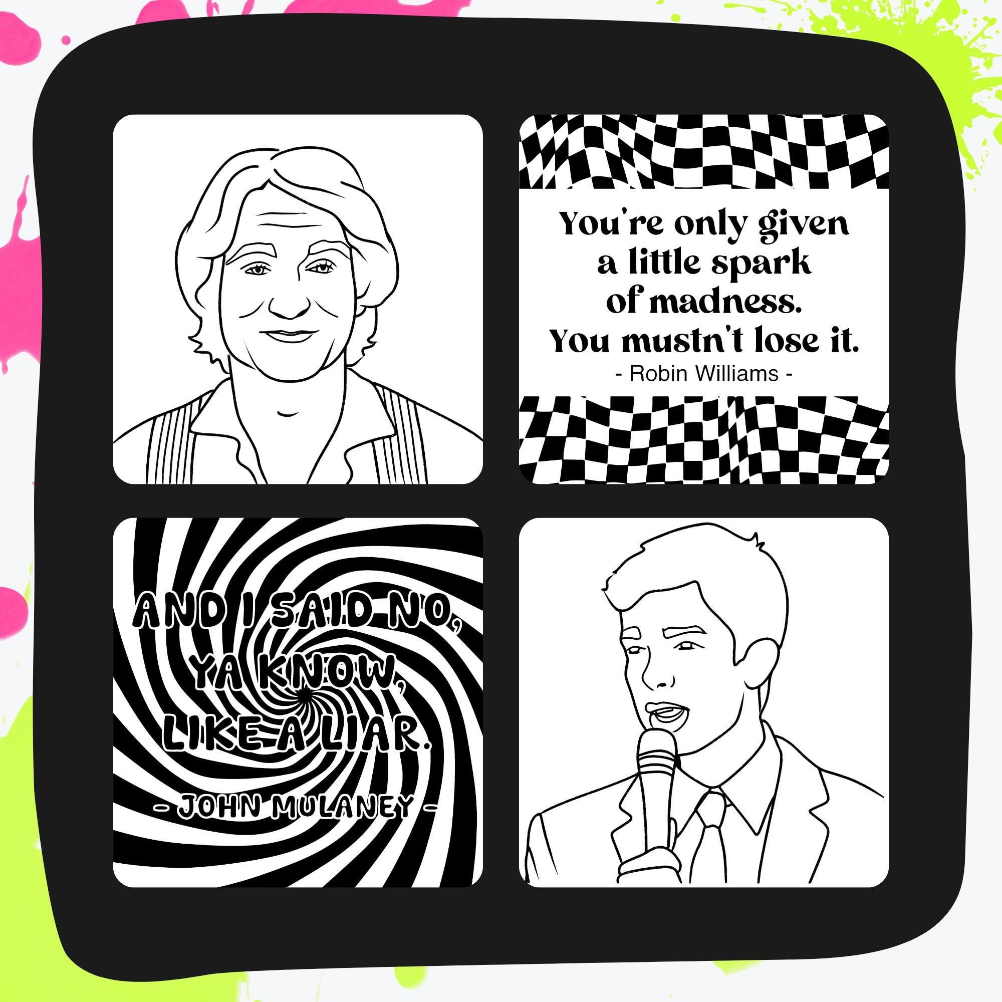 32 Stand-Up Comedy Coloring Pages | Funny Quotes & Comedian Art | 8x8 PNG + PDF Download | Printable Humor Coloring Book for Adults