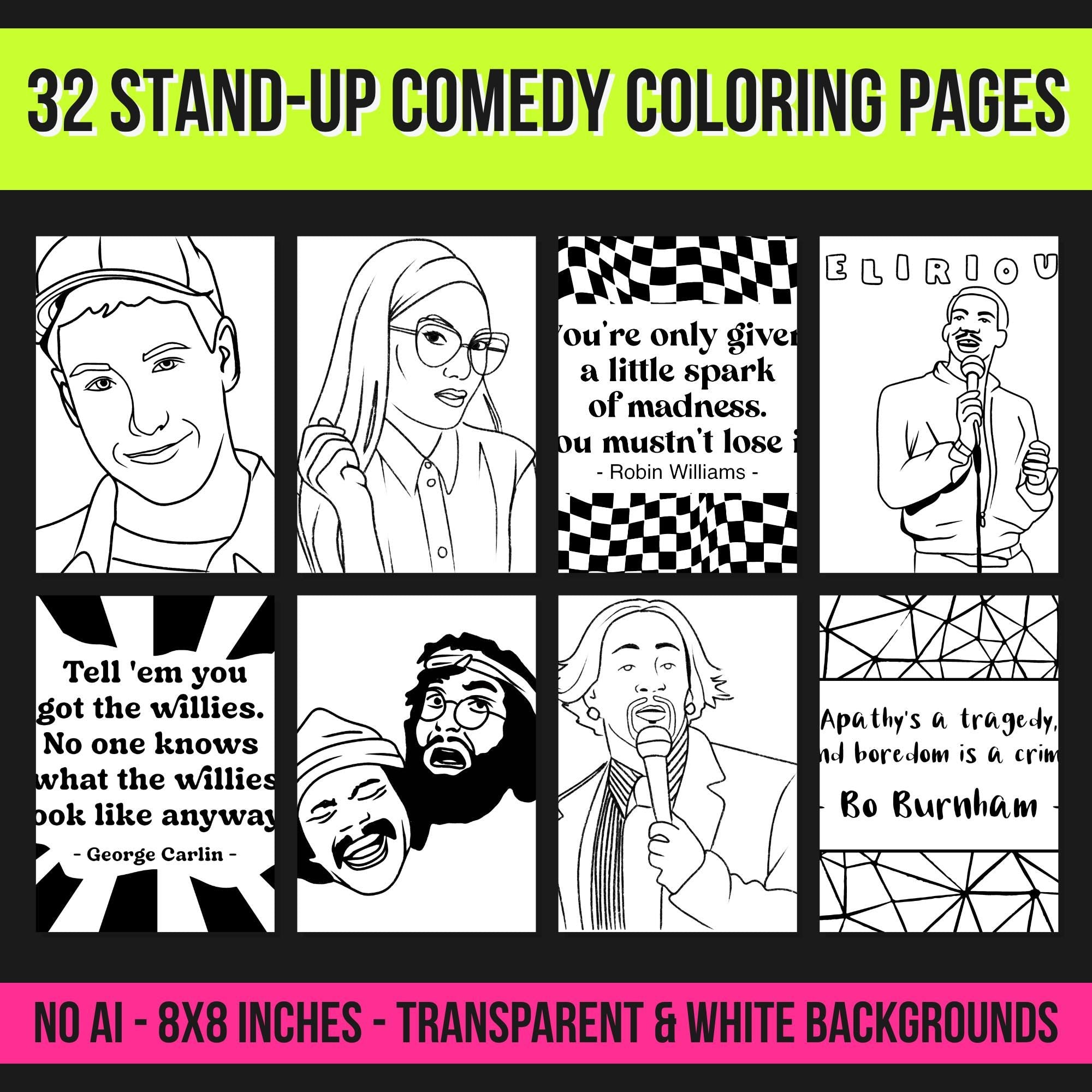 32 Stand-Up Comedy Coloring Pages | Funny Quotes & Comedian Art | 8x8 PNG + PDF Download | Printable Humor Coloring Book for Adults