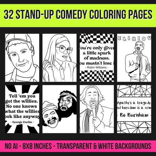 32 Stand-Up Comedy Coloring Pages | Funny Quotes & Comedian Art | 8x8 PNG + PDF Download | Printable Humor Coloring Book for Adults