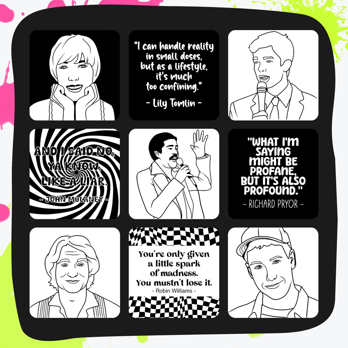 32 Stand-Up Comedy Coloring Pages | Funny Quotes & Comedian Art | 8x8 PNG + PDF Download | Printable Humor Coloring Book for Adults