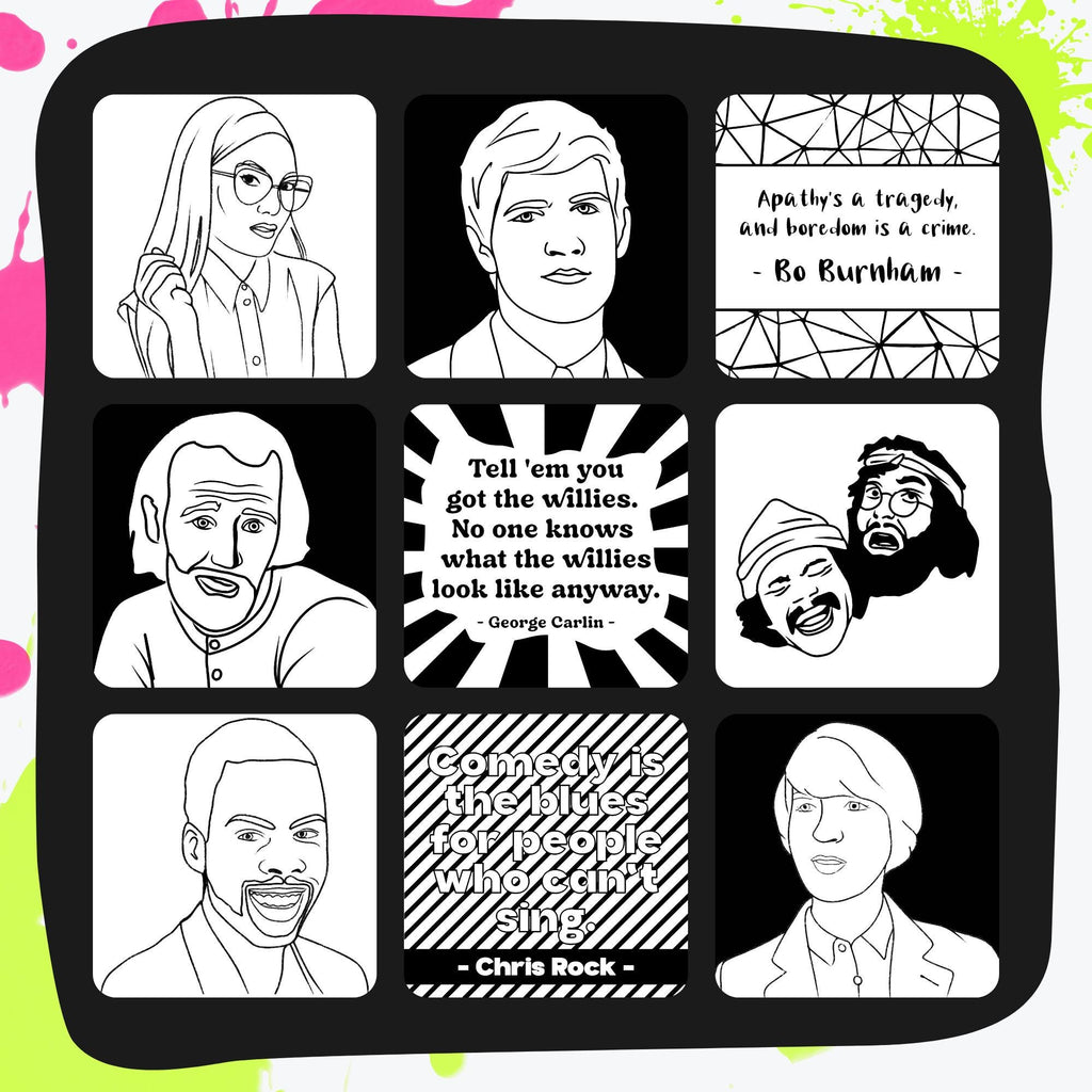 32 Stand-Up Comedy Coloring Pages | Funny Quotes & Comedian Art | 8x8 PNG + PDF Download | Printable Humor Coloring Book for Adults