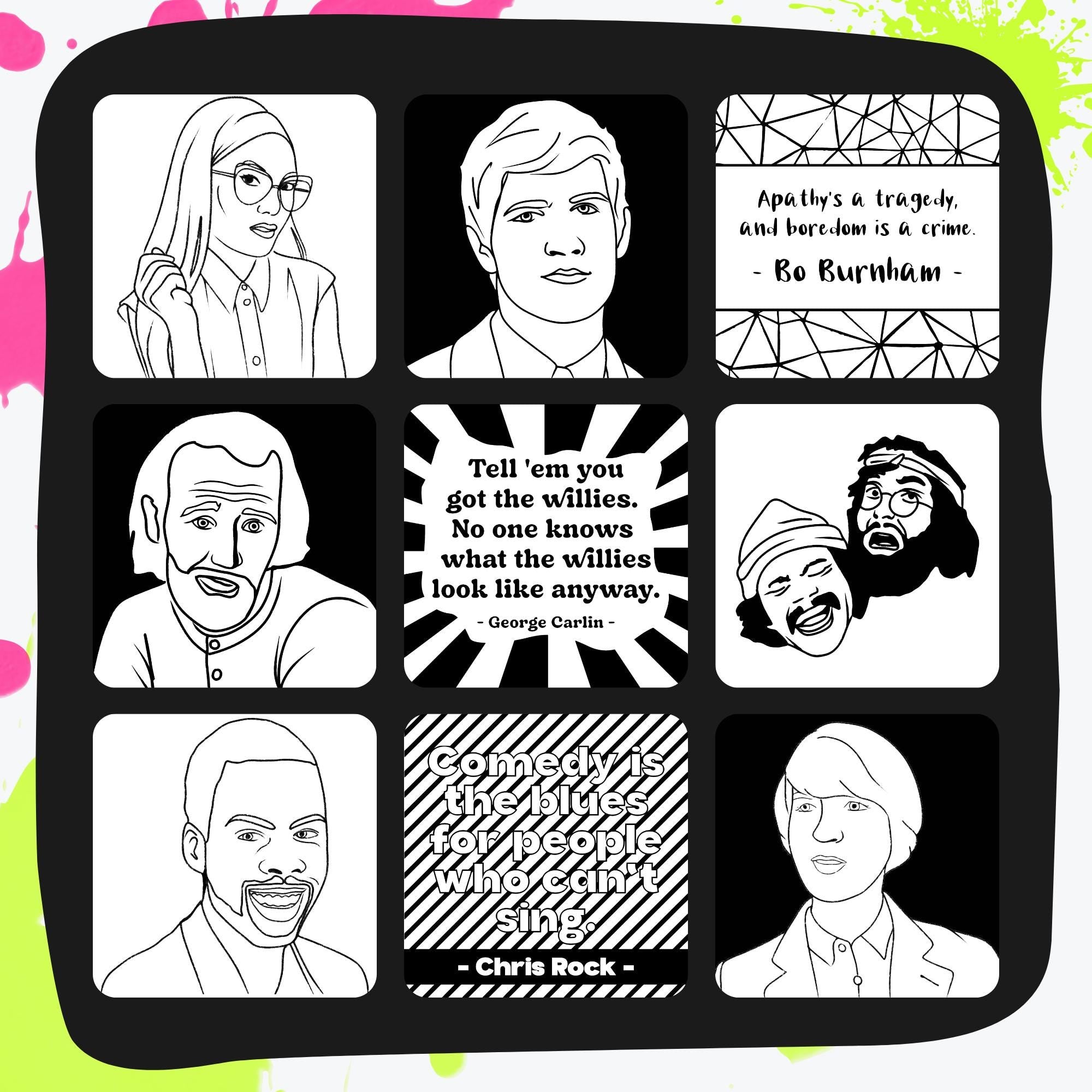 32 Stand-Up Comedy Coloring Pages | Funny Quotes & Comedian Art | 8x8 PNG + PDF Download | Printable Humor Coloring Book for Adults