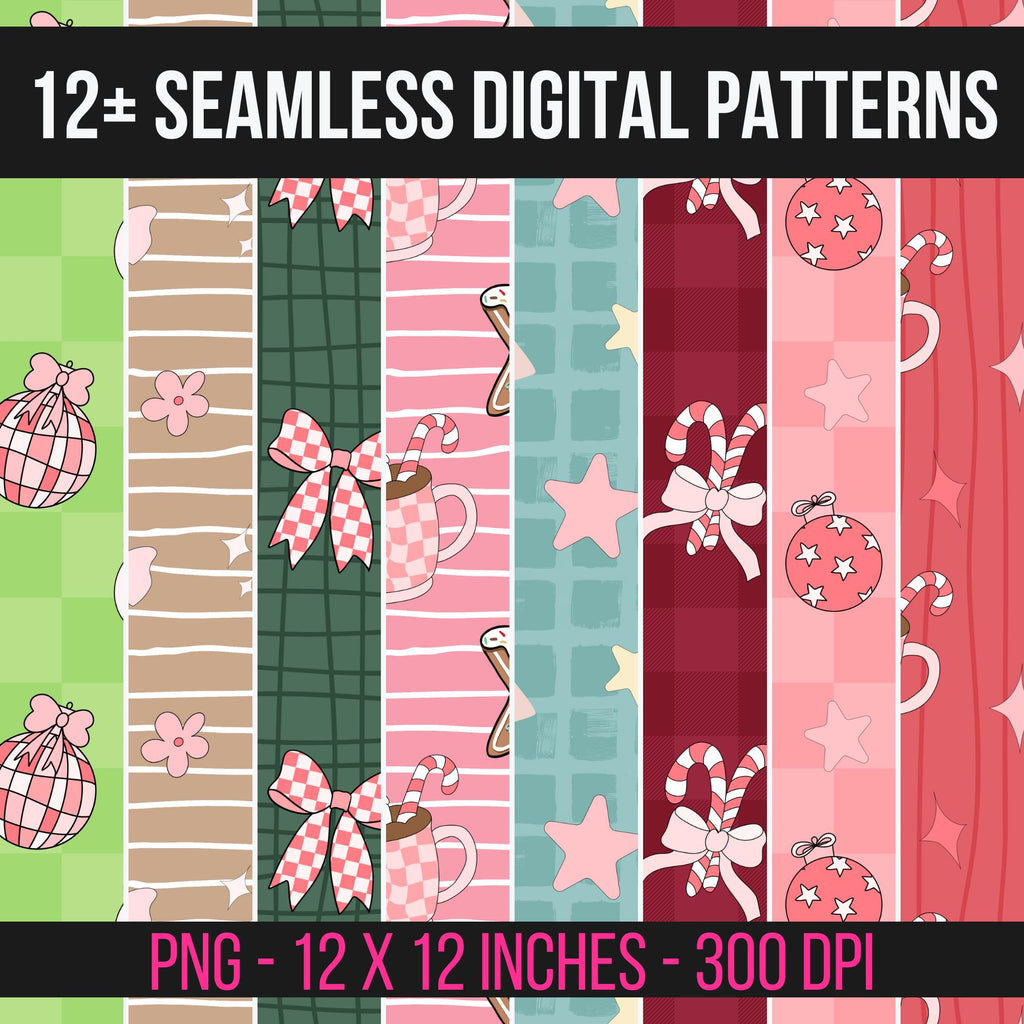 Coquette Christmas Seamless Patterns | 12 Unique Digital Papers | Transparent + Color Backgrounds | Pink Holiday Scrapbook PNG 300 DPI