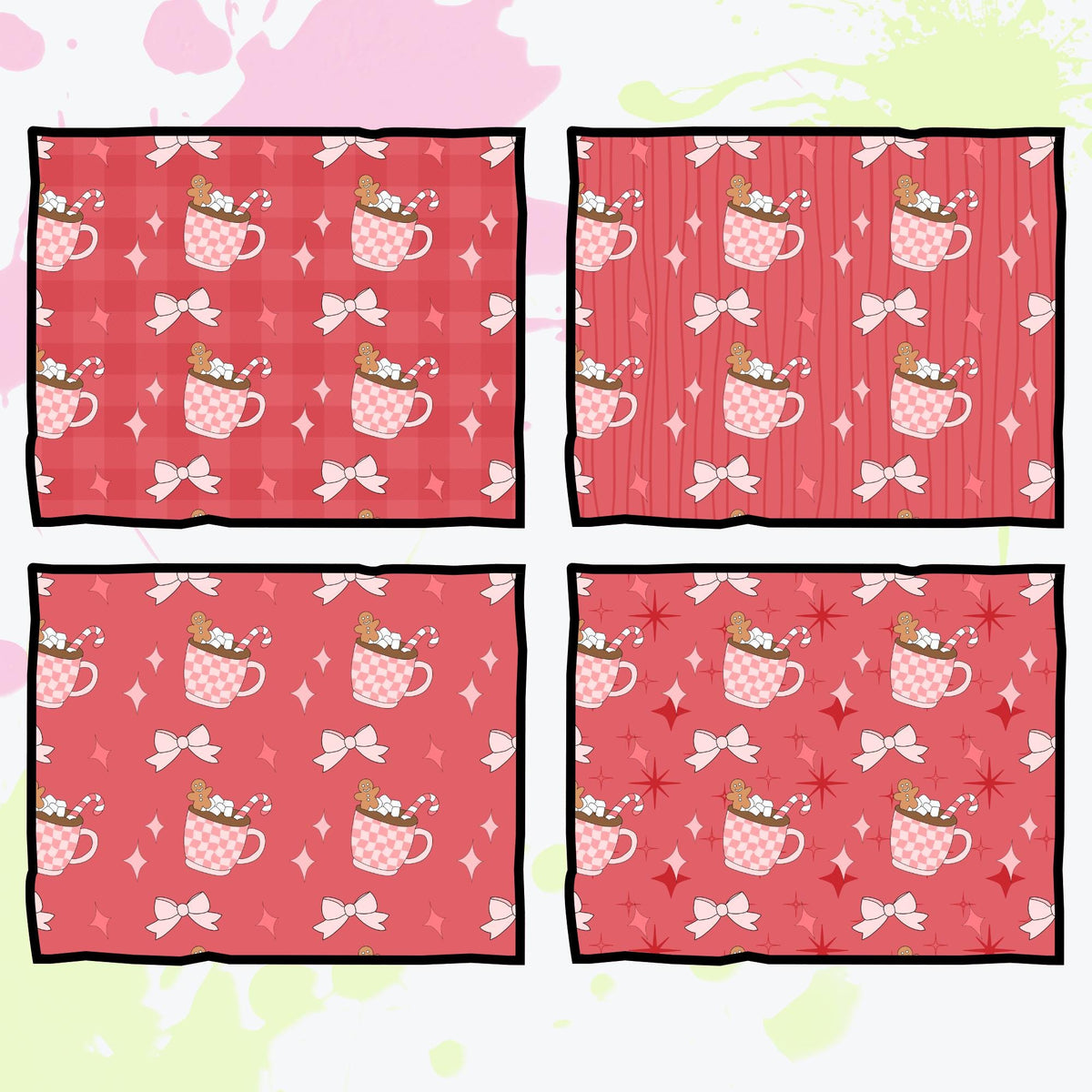 Coquette Christmas Seamless Patterns | 12 Unique Digital Papers | Transparent + Color Backgrounds | Pink Holiday Scrapbook PNG 300 DPI