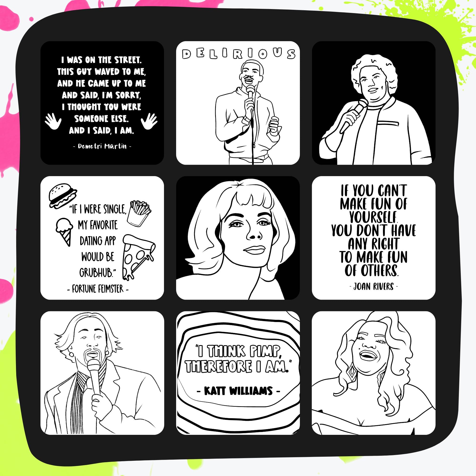 32 Stand-Up Comedy Coloring Pages | Funny Quotes & Comedian Art | 8x8 PNG + PDF Download | Printable Humor Coloring Book for Adults