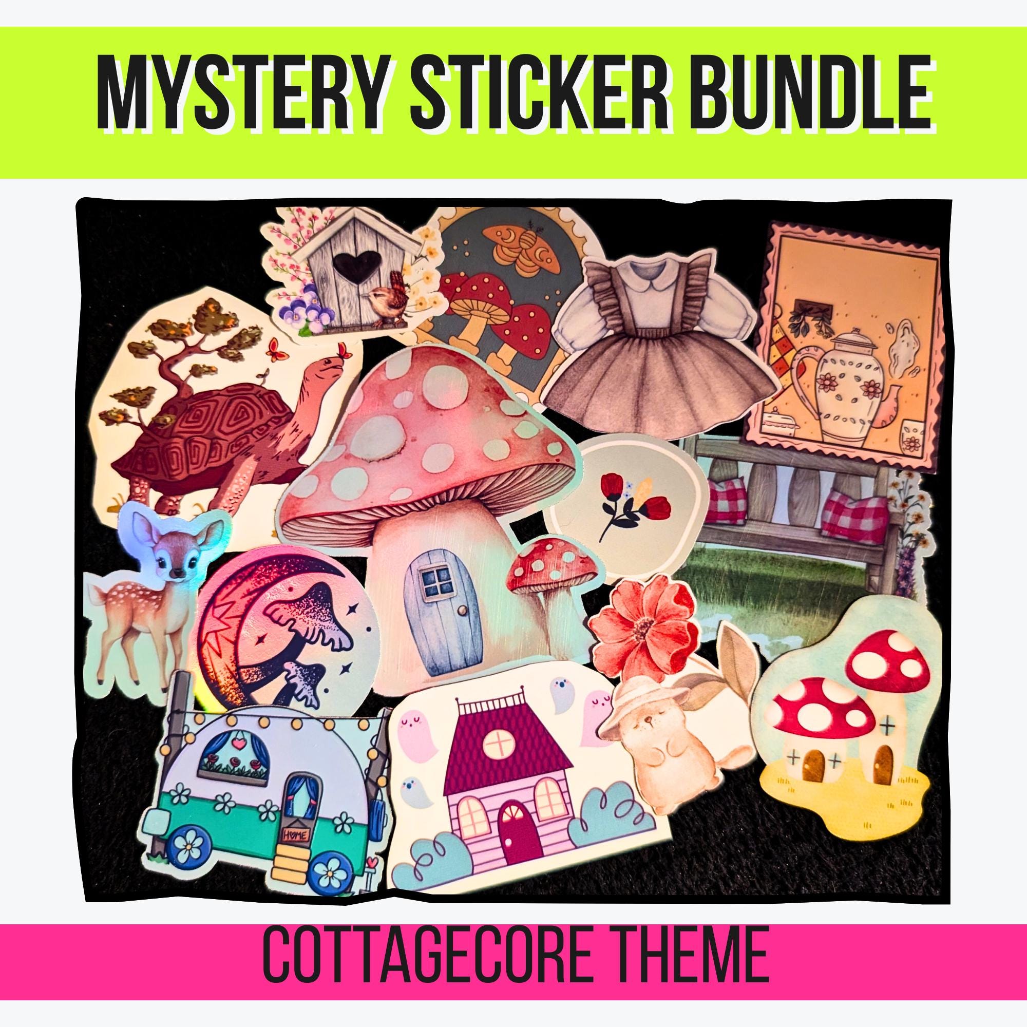 Cottagecore Mystery Sticker Pack | Mushrooms, Frogs, Tea, Books, Garden Aesthetic | Glossy or Holographic | Cozy Nature Stickers