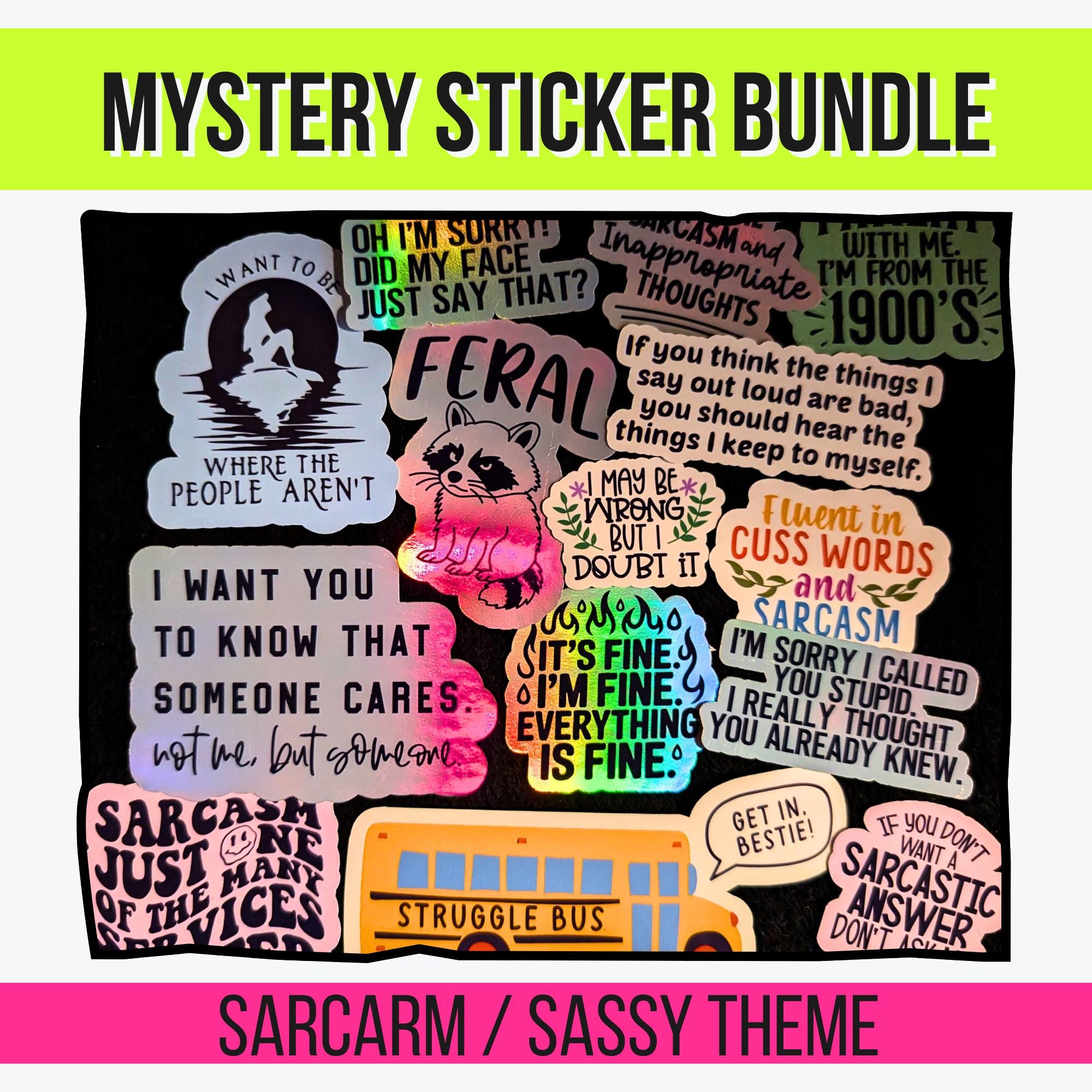 Sarcasm Mystery Sticker Pack | Snarky Quotes, Sassy Humor, Relatable Attitude | Glossy or Holographic | Water Resistant Stickers
