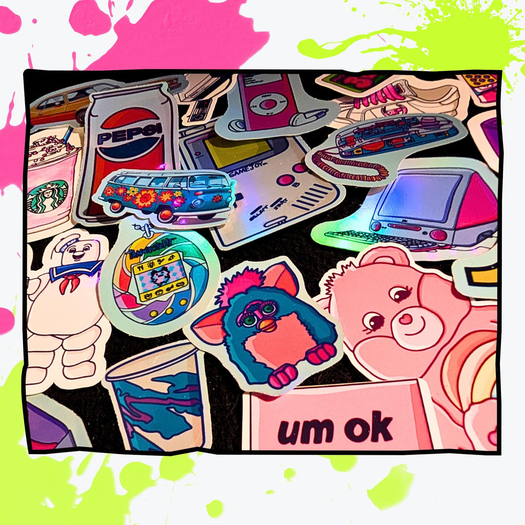 Nostalgia Sticker Mystery Pack | 70s Throwback, 80s Vibes, 90s Kid, Y2K Aesthetic | Holographic or Glossy | Retro Stickers | Water Resistant