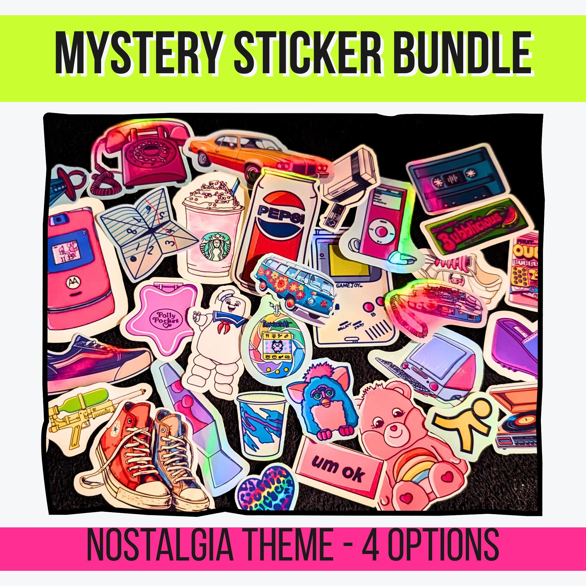 Nostalgia Sticker Mystery Pack | 70s Throwback, 80s Vibes, 90s Kid, Y2K Aesthetic | Holographic or Glossy | Retro Stickers | Water Resistant