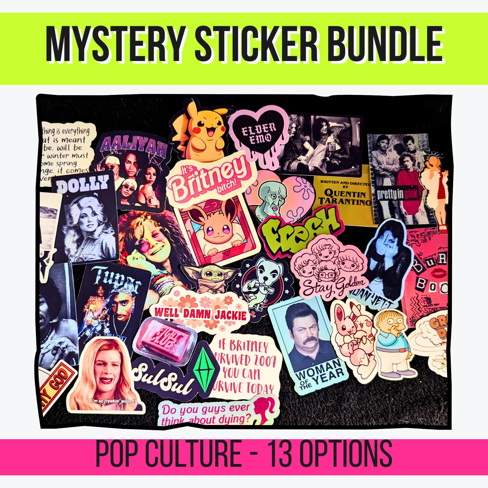 Pop Culture Mystery Sticker Pack | Movies, TV, Music, Gaming, Celebrities | Alt/Emo, Hip-Hop, Country, Pop, Rock | Glossy or Holo Stickers
