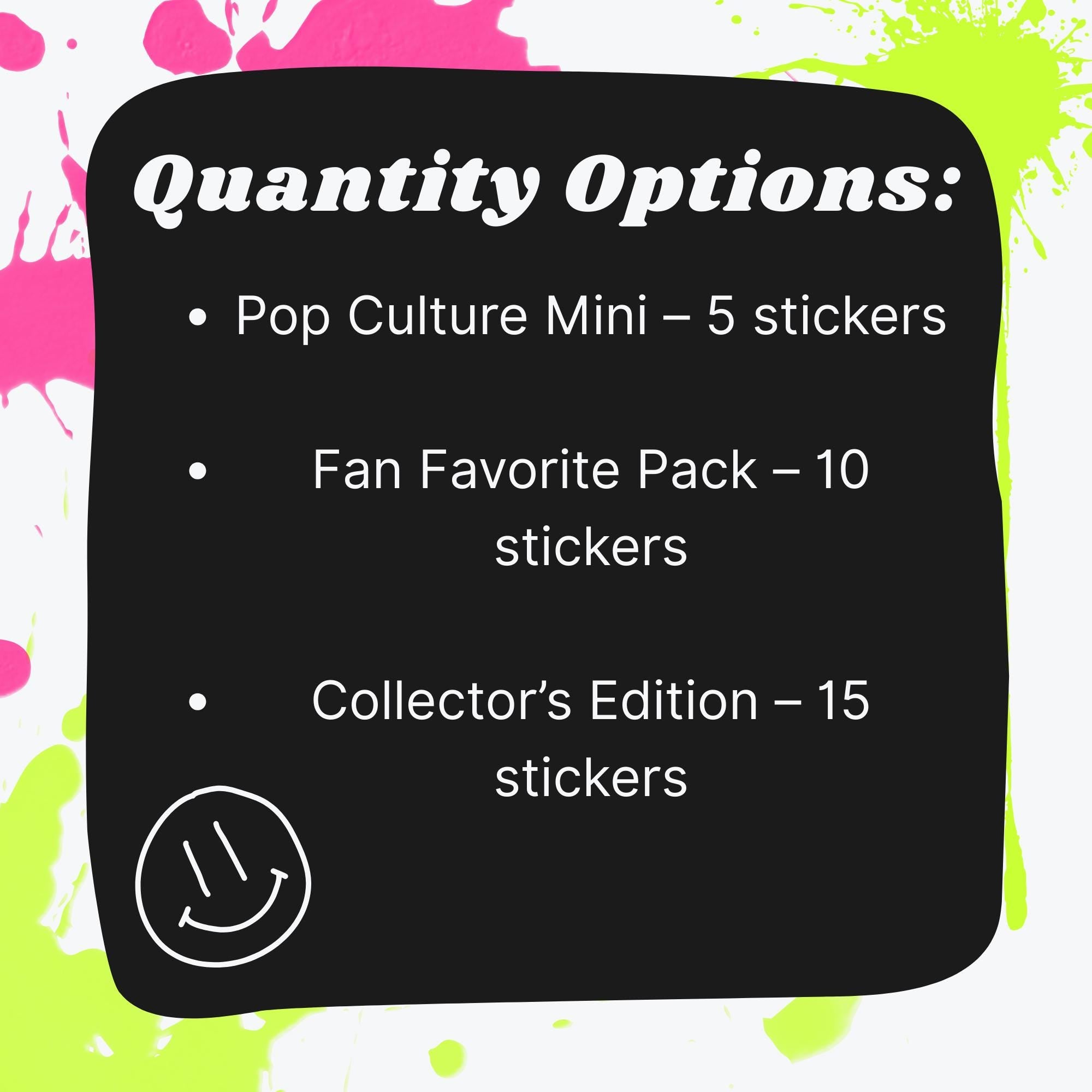 Pop Culture Mystery Sticker Pack | Movies, TV, Music, Gaming, Celebrities | Alt/Emo, Hip-Hop, Country, Pop, Rock | Glossy or Holo Stickers