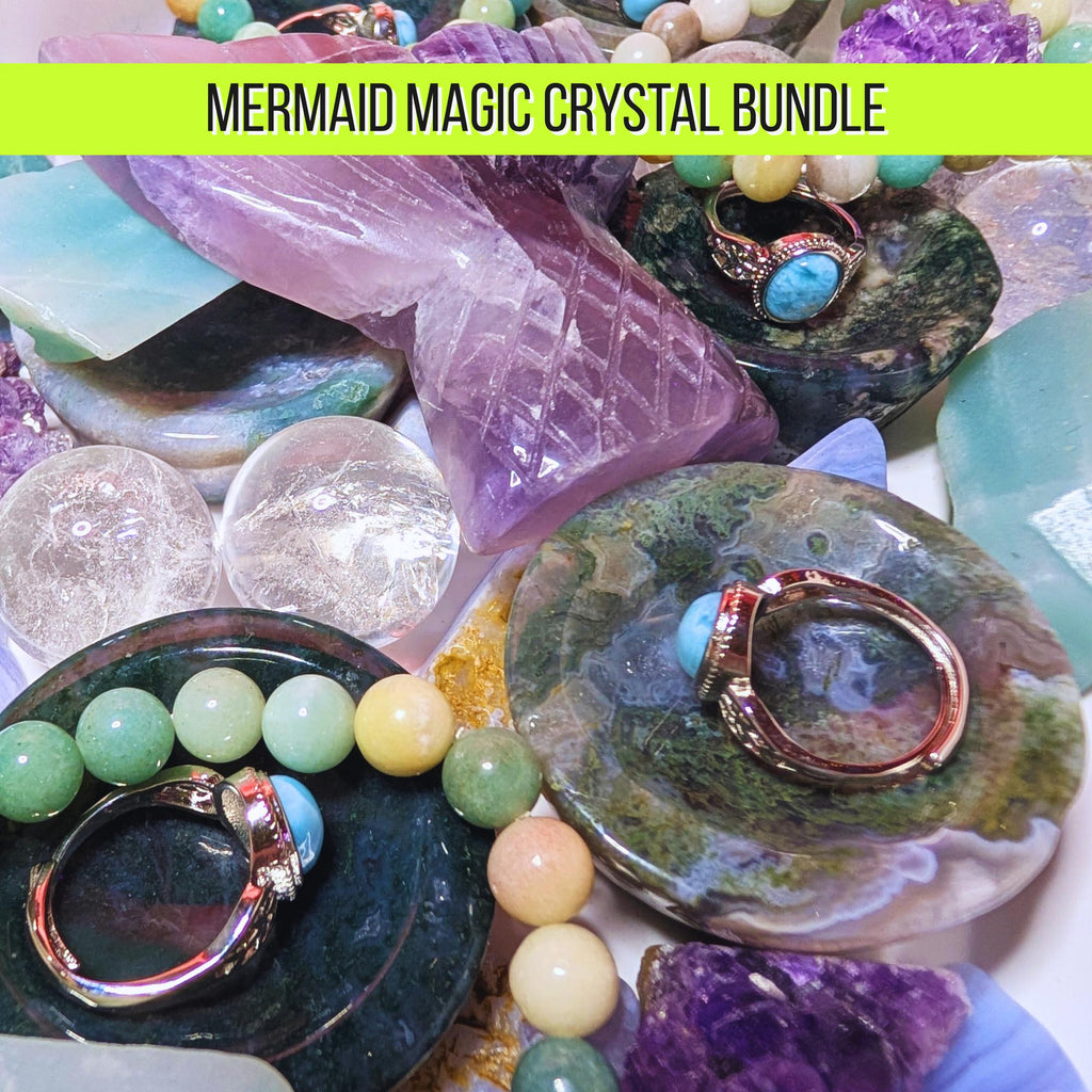 Mermaid Magic Crystal Bundle | Larimar Ring, Caribbean Calcite Bracelet, Amethyst Cluster | Ocean Inspired Ritual Set | Limited Edition