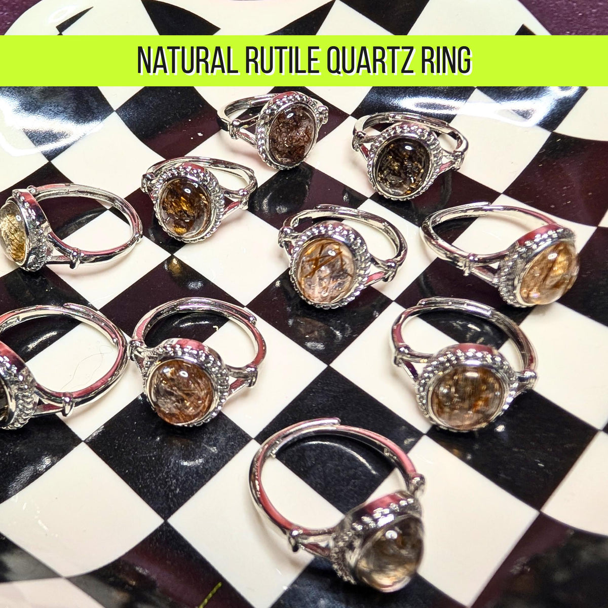 Rutile Quartz Ring | Adjustable Stainless Steel Ring | Golden Thread Crystal | Manifestation & Clarity Stone | Witchy Jewelry Gift