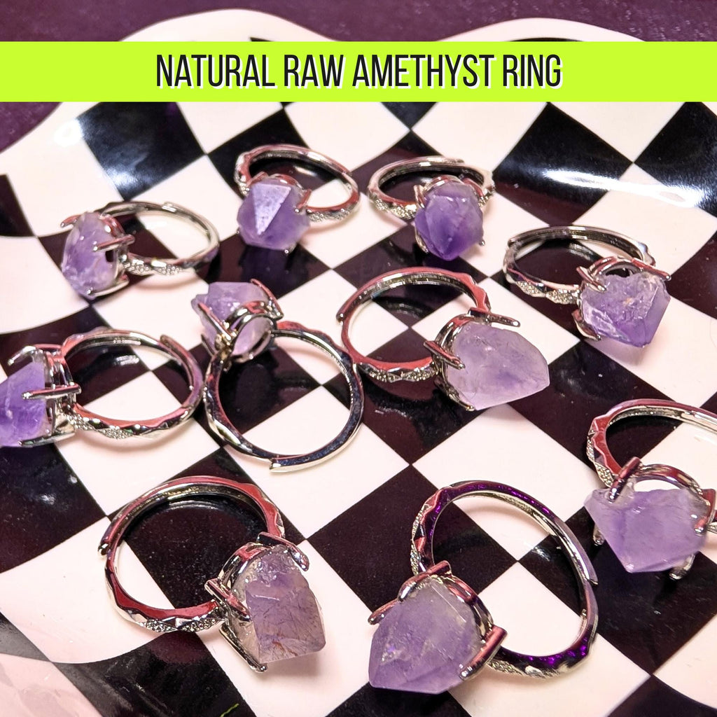 Raw Amethyst Ring | Adjustable Stainless Steel Ring | Natural Purple Crystal | Protection & Calm Energy | Witchy Jewelry Gift