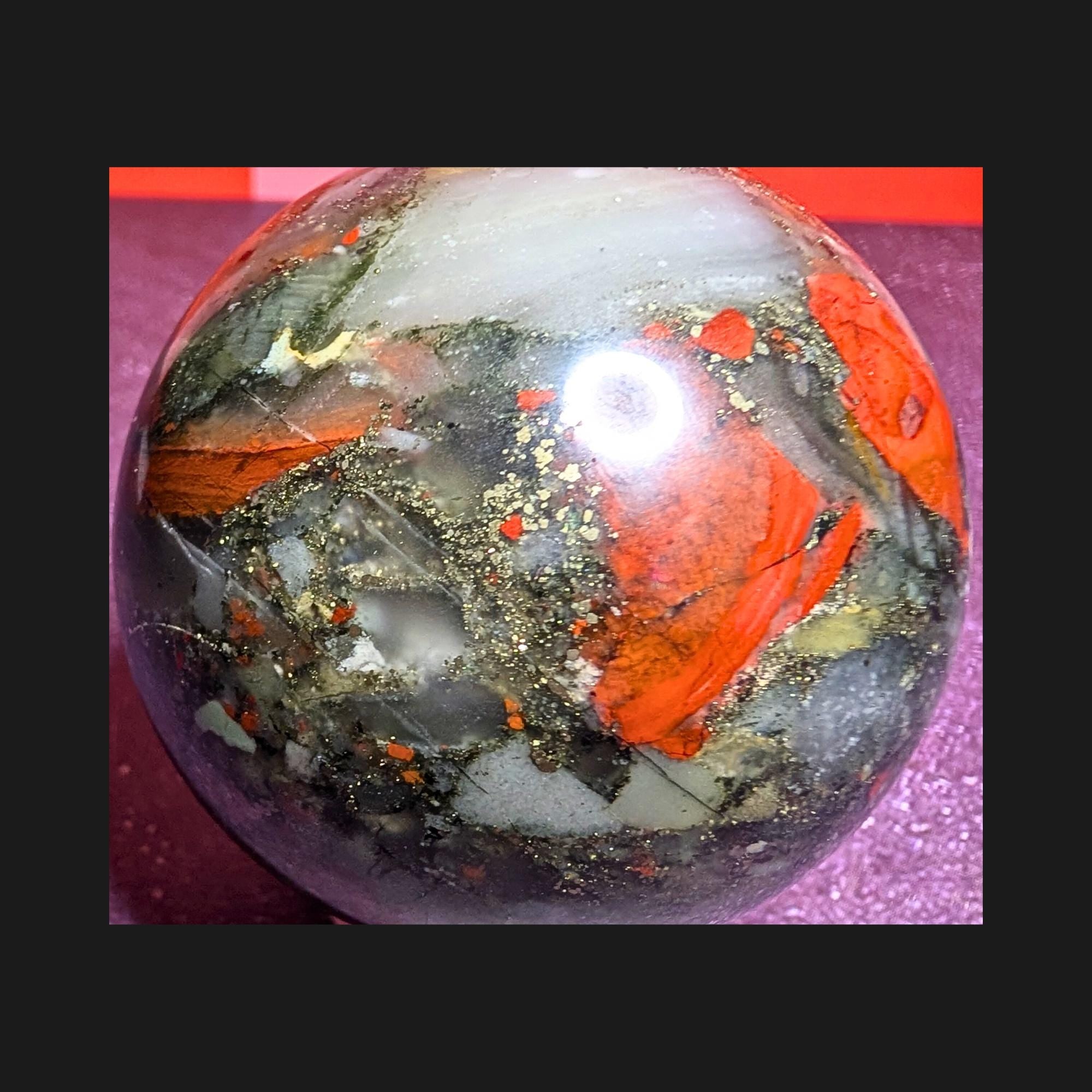 African Bloodstone & Pyrite Sphere | Grounding • Protection • Abundance Crystal | 2.5” Polished Stone