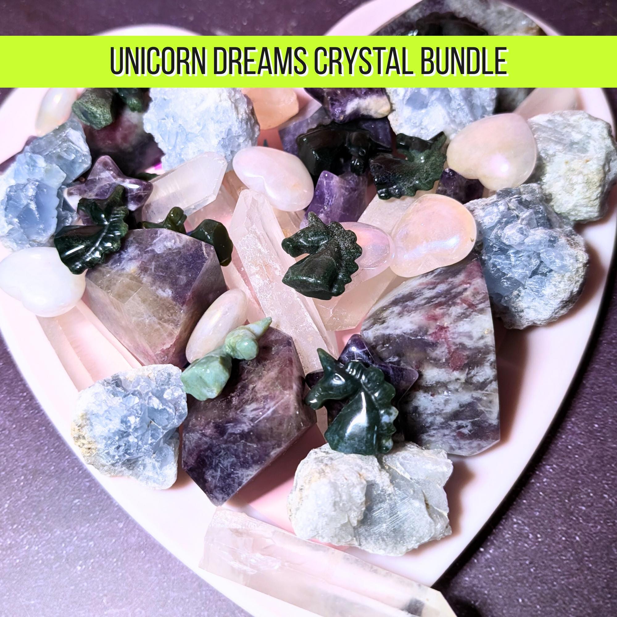 Unicorn Dreams Crystal Bundle | Moss Agate Unicorn, Amethyst Star, Celestite Cluster | Fantasy Ritual Set | Limited Edition