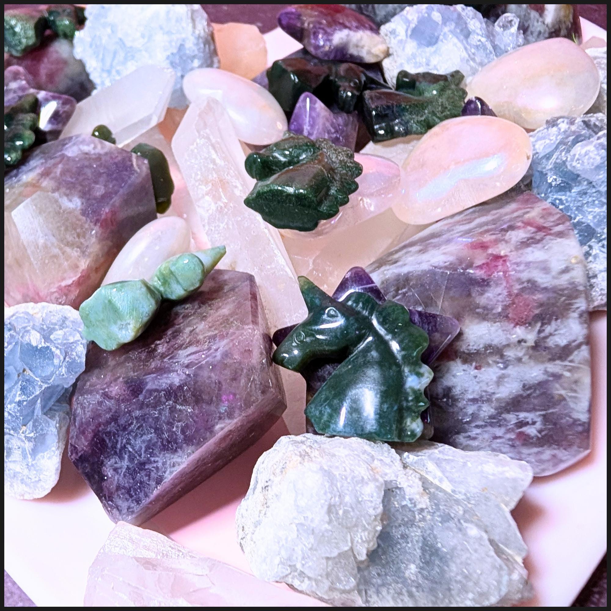 Unicorn Dreams Crystal Bundle | Moss Agate Unicorn, Amethyst Star, Celestite Cluster | Fantasy Ritual Set | Limited Edition