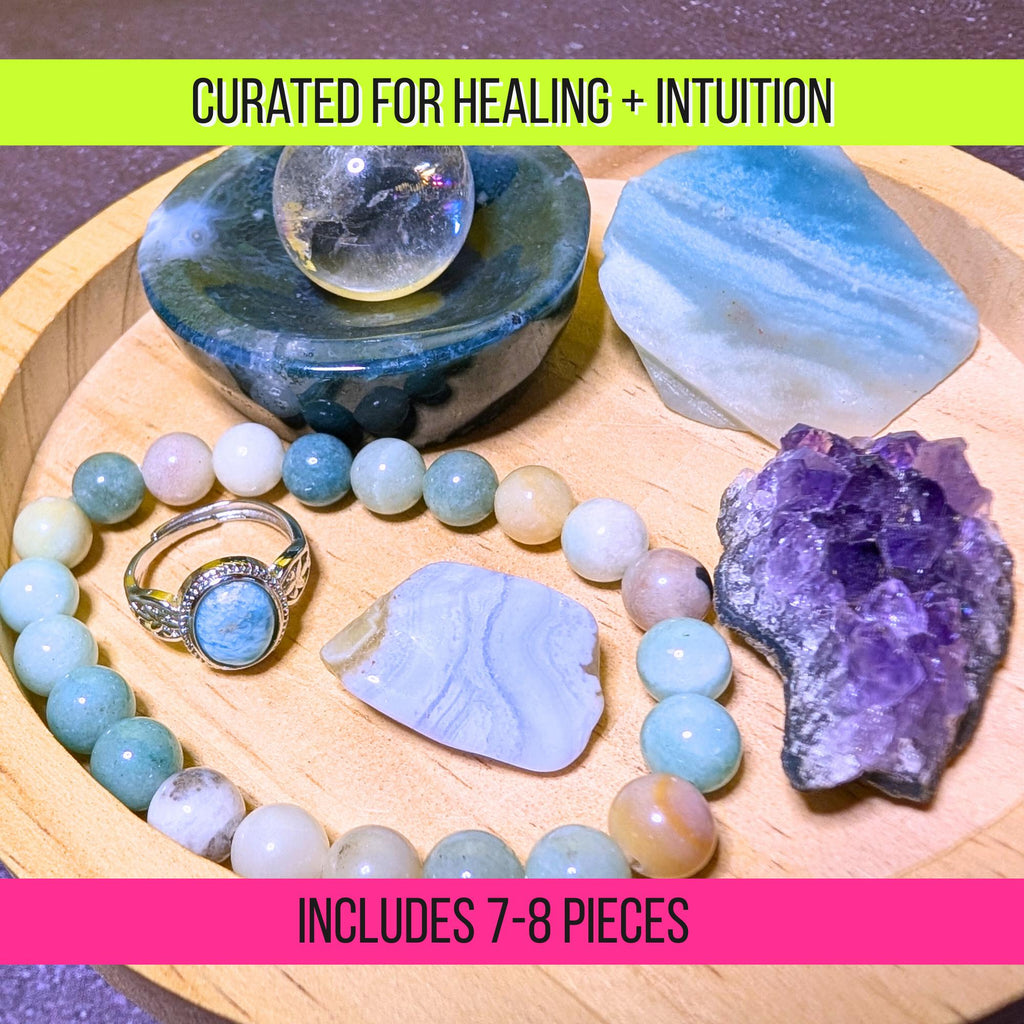 Mermaid Magic Crystal Bundle | Larimar Ring, Caribbean Calcite Bracelet, Amethyst Cluster | Ocean Inspired Ritual Set | Limited Edition