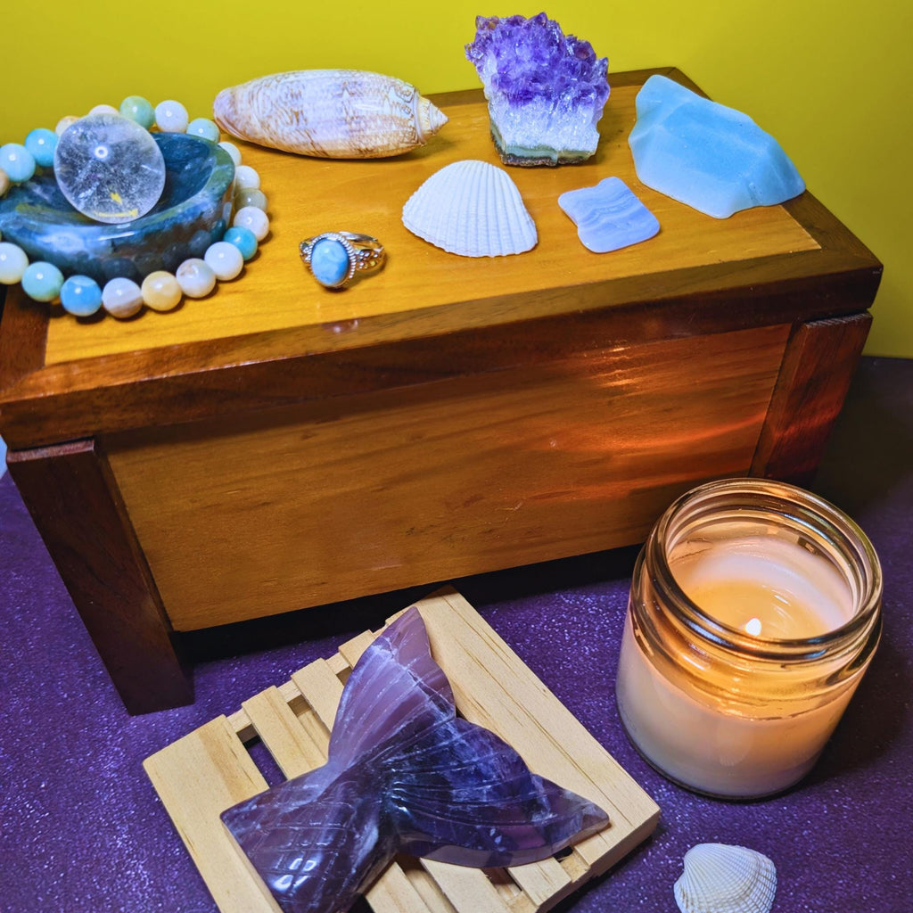 Mermaid Magic Crystal Bundle | Larimar Ring, Caribbean Calcite Bracelet, Amethyst Cluster | Ocean Inspired Ritual Set | Limited Edition