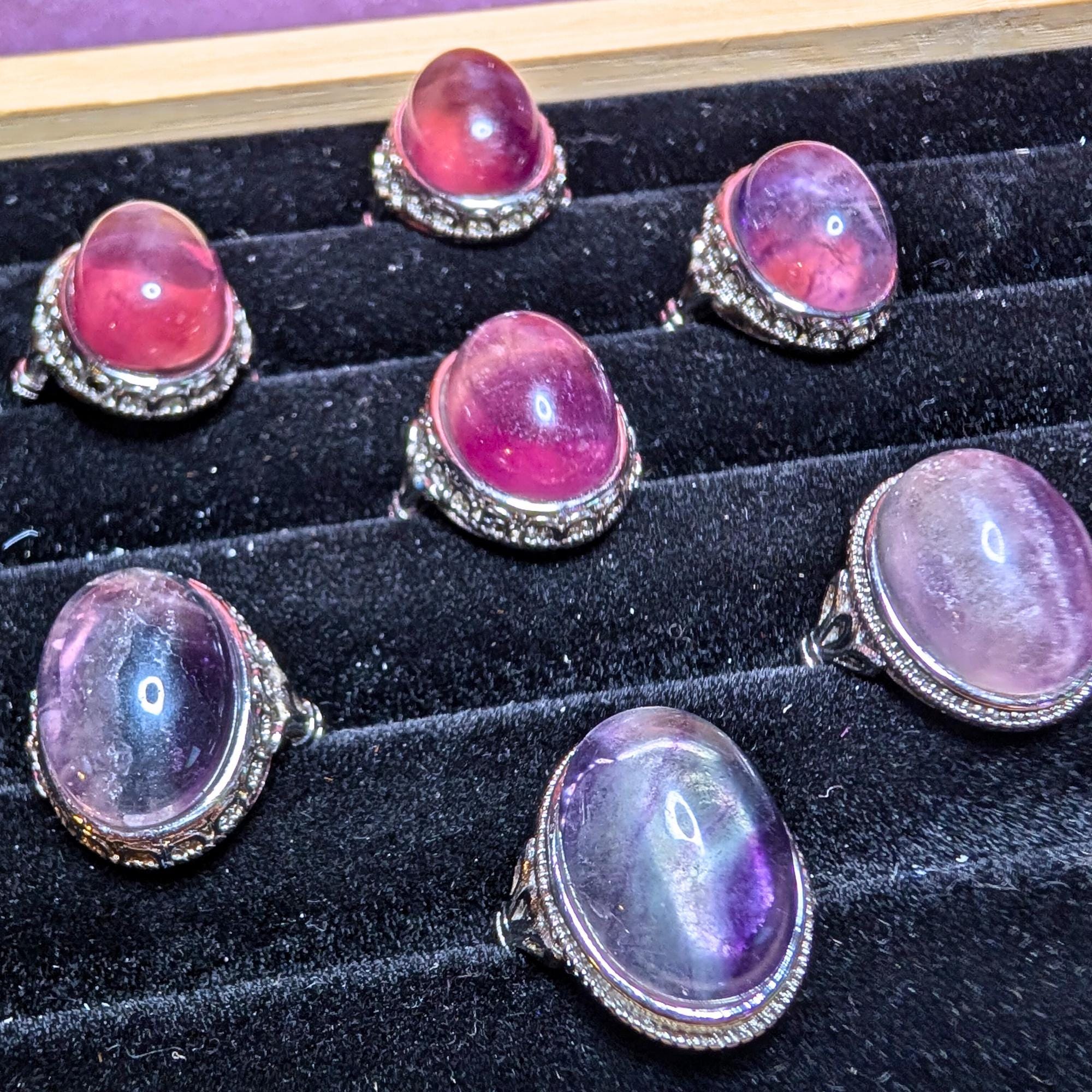 Rainbow Fluorite Ring | Adjustable Stainless Steel Ring | Purple Fluorite Crystal | Clarity & Focus Stone | Witchy Jewelry Gift