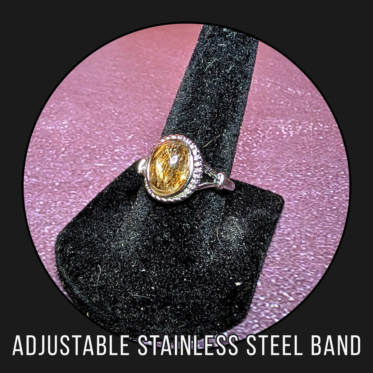 Rutile Quartz Ring | Adjustable Stainless Steel Ring | Golden Thread Crystal | Manifestation & Clarity Stone | Witchy Jewelry Gift