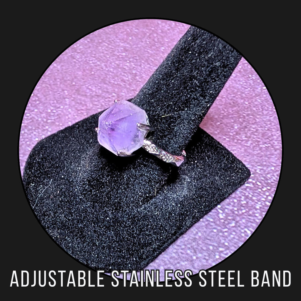 Raw Amethyst Ring | Adjustable Stainless Steel Ring | Natural Purple Crystal | Protection & Calm Energy | Witchy Jewelry Gift
