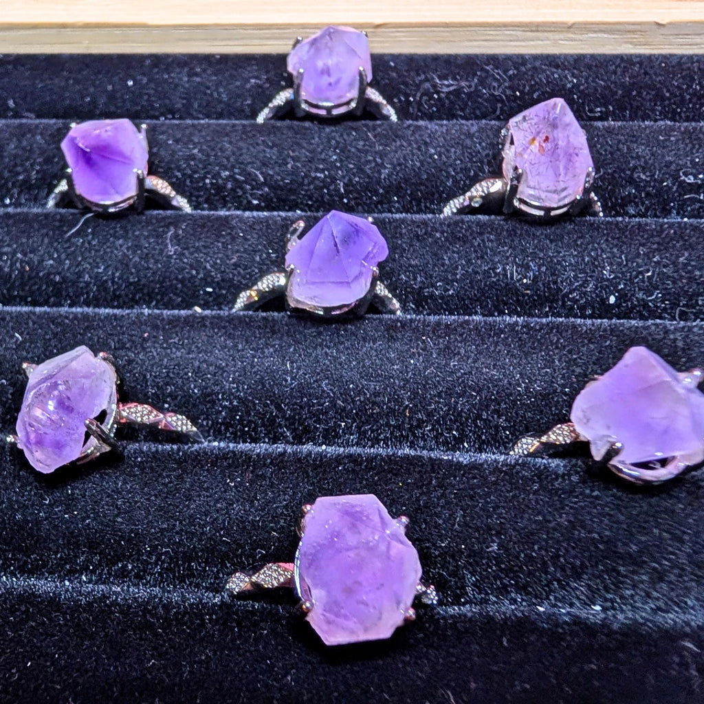 Raw Amethyst Ring | Adjustable Stainless Steel Ring | Natural Purple Crystal | Protection & Calm Energy | Witchy Jewelry Gift