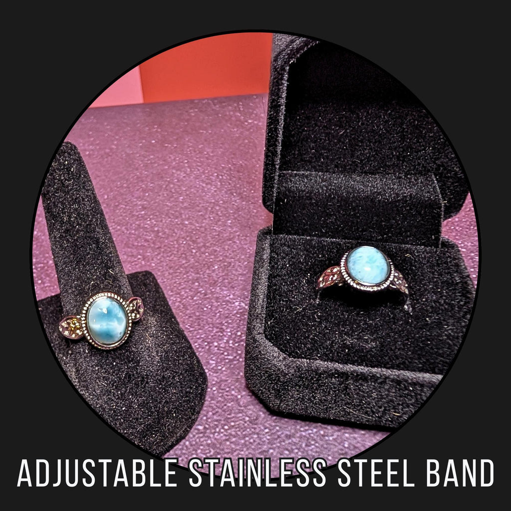 Larimar Ring | Adjustable Stainless Steel Ring | Caribbean Blue Crystal Jewelry | Calming & Soothing Stone | Gift for Her