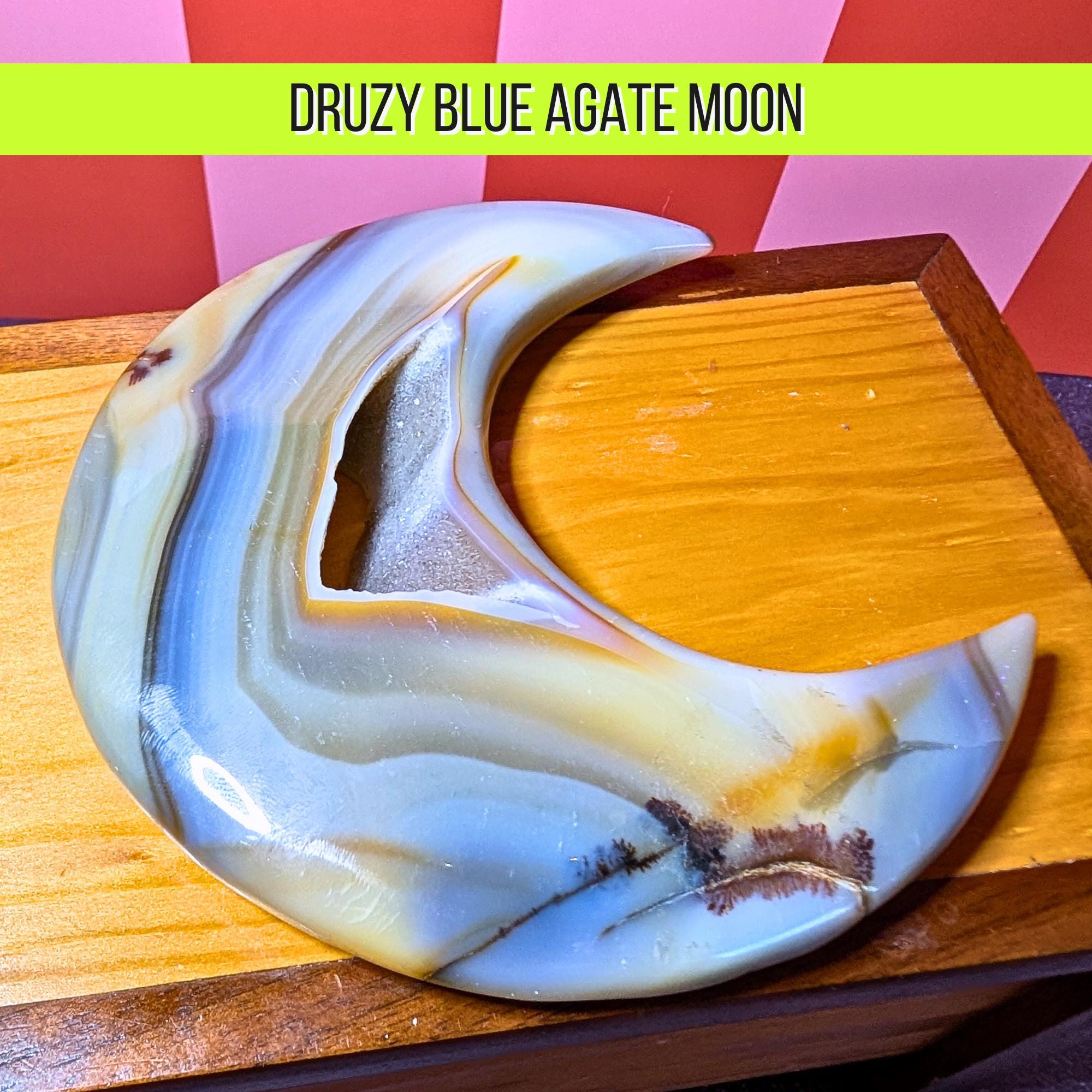 Druzy Blue Agate Moon | Calming Crystal Decor • Emotional Balance • One of a Kind