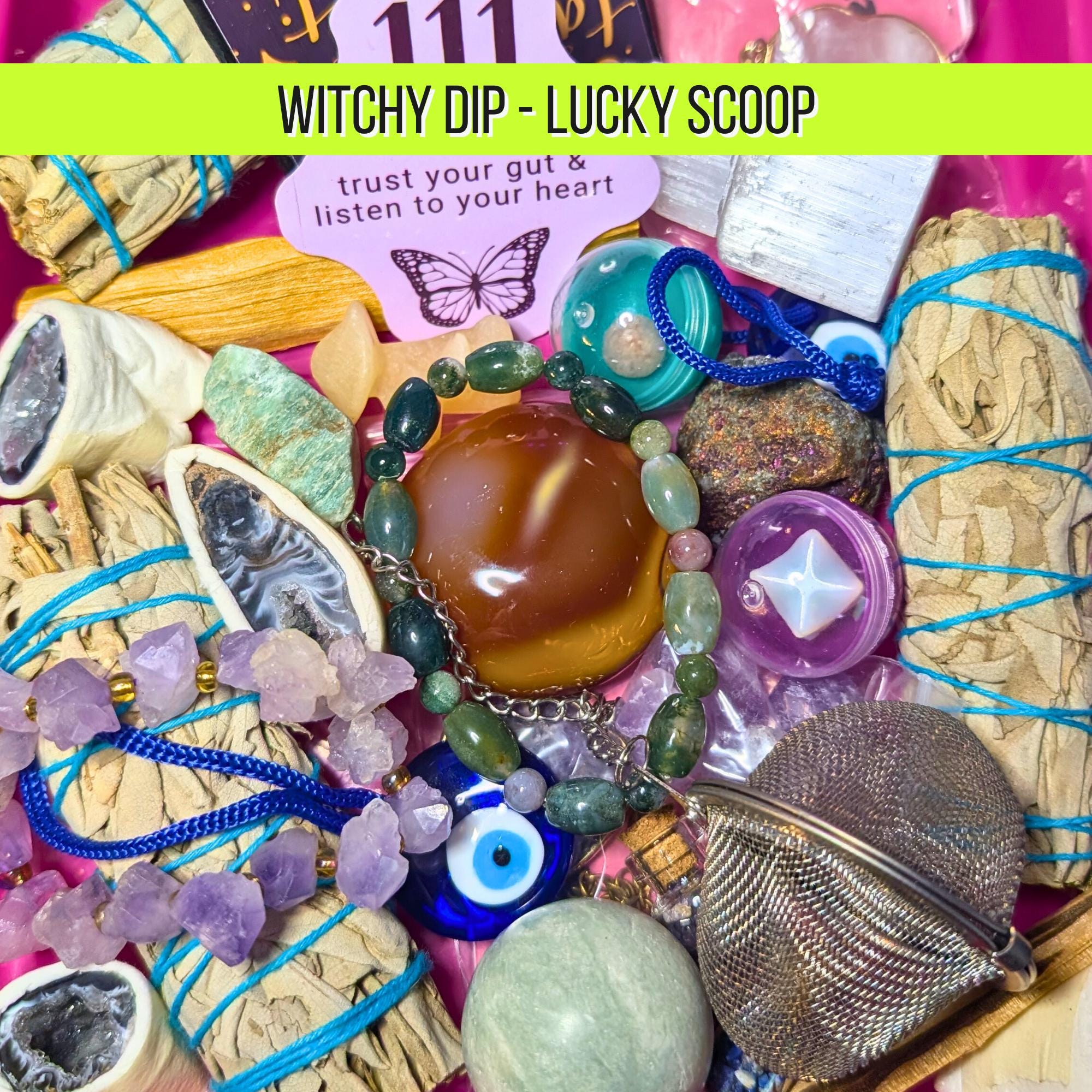 Witchy Dip Lucky Scoop | 1 Cup Mystery Witch Bag | Crystals, Sage & Pendulum | Evil Eye Jewelry | Spiritual Gift