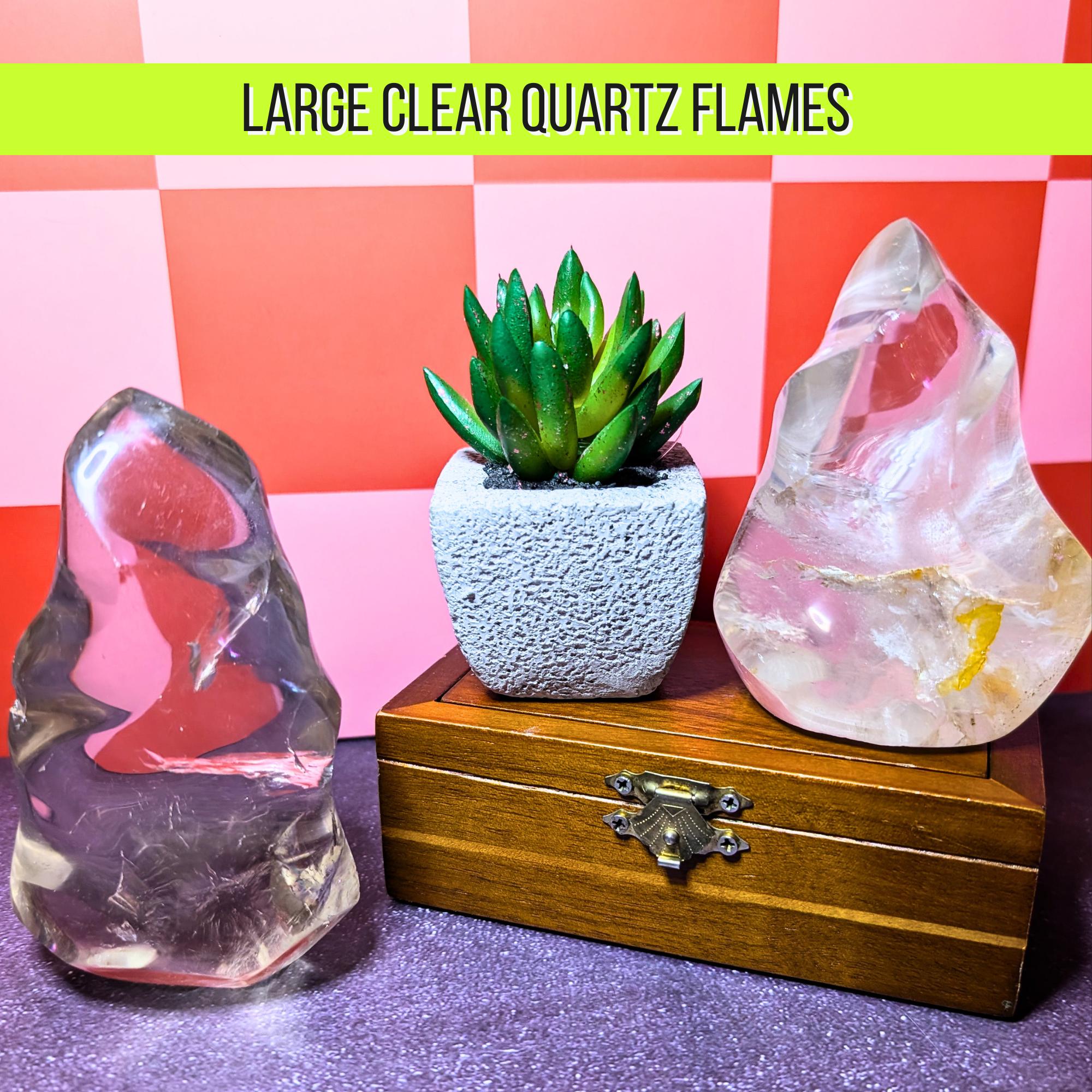 Large Clear Quartz Flame Carving | High Energy Amplifier Crystal | Healing, Clarity & Manifestation Stone | Statement Quartz Decor