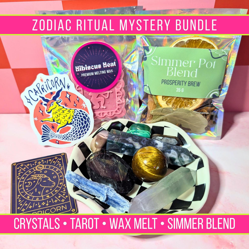 Zodiac Crystal Mystery Box | Astrology Gift Set | Tarot Reading, Wax Melt, Simmer Pot | Spiritual Gift for Her