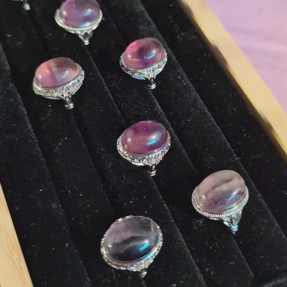 Rainbow Fluorite Ring | Adjustable Stainless Steel Ring | Purple Fluorite Crystal | Clarity & Focus Stone | Witchy Jewelry Gift
